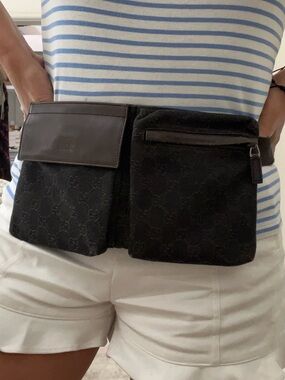 Gucci Black Demin GG Canvas Belt Bag with Leather Trim